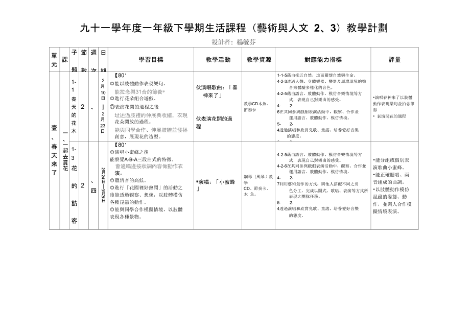 九十一学一年级下学期生活课程艺术与人文23教学计划精_第1页