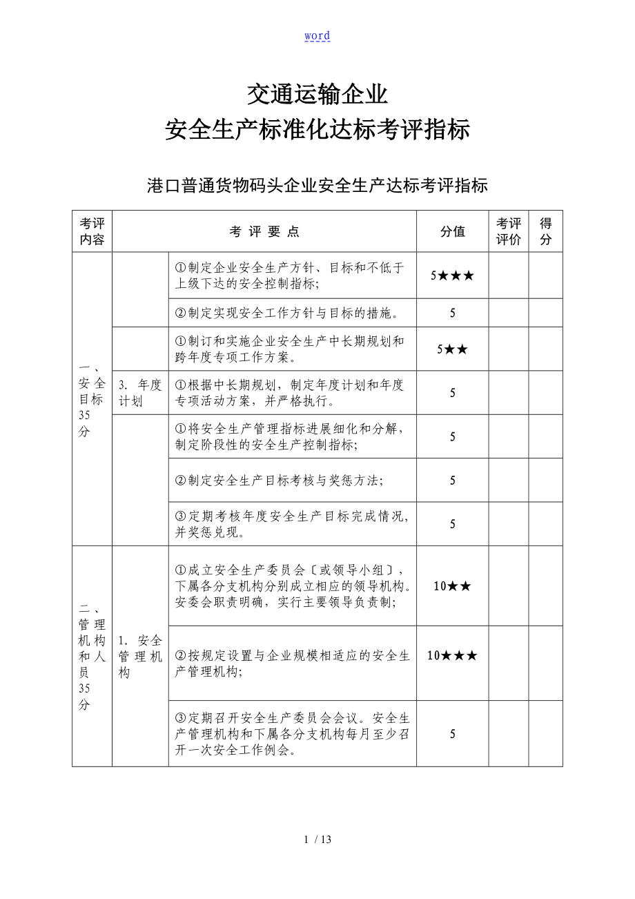 港口普通货物码头企业安全系统生产达标考评指标_第1页