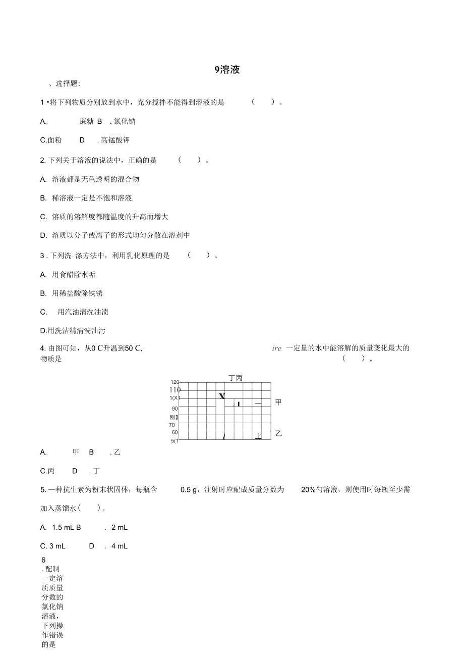 九年級(jí)化學(xué)下冊(cè)一課一測(cè)9溶液綜合測(cè)試新版新人教版_第1頁(yè)