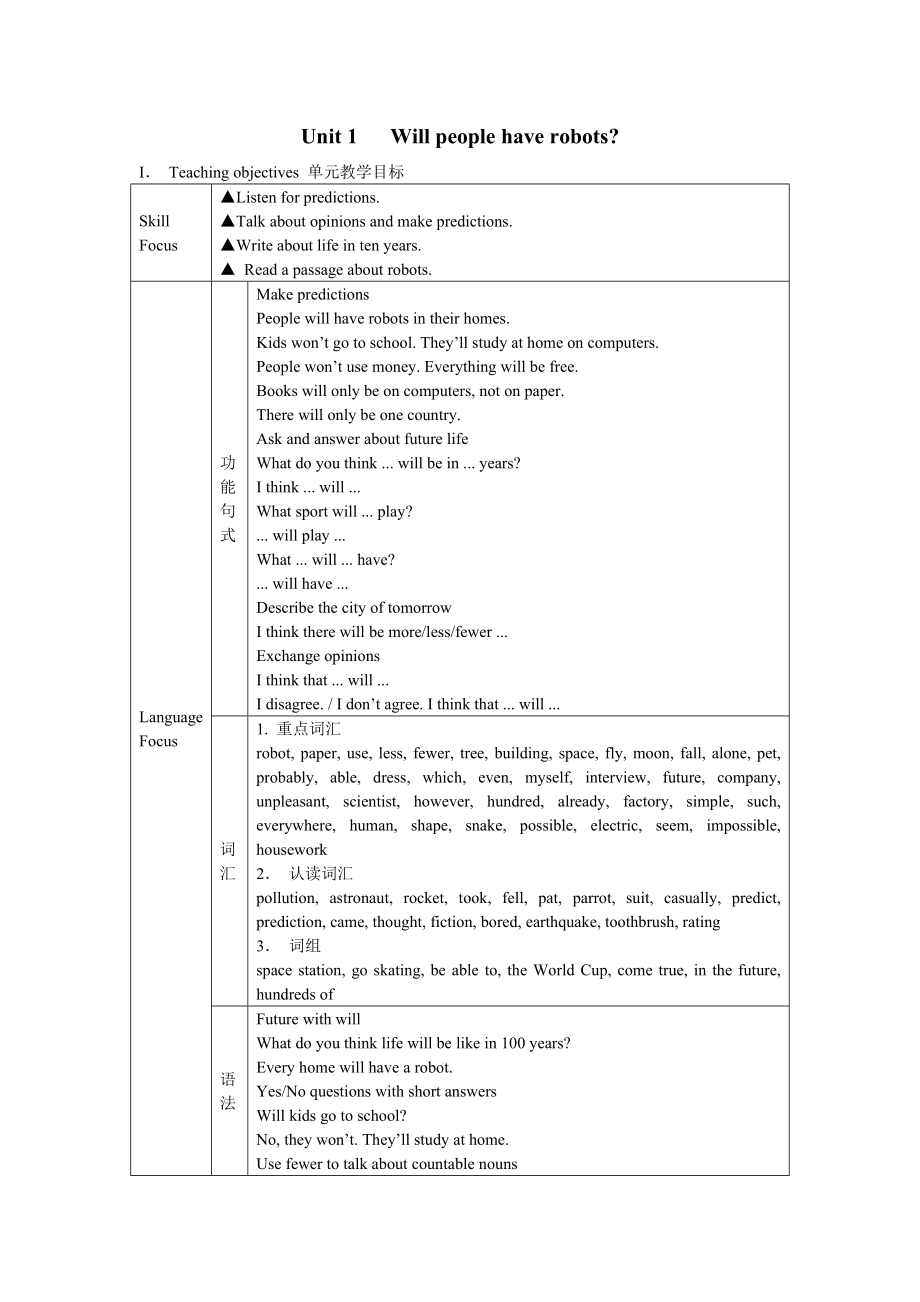 八年级新目标下Unit1Willpeoplehaverobots教案_第1页