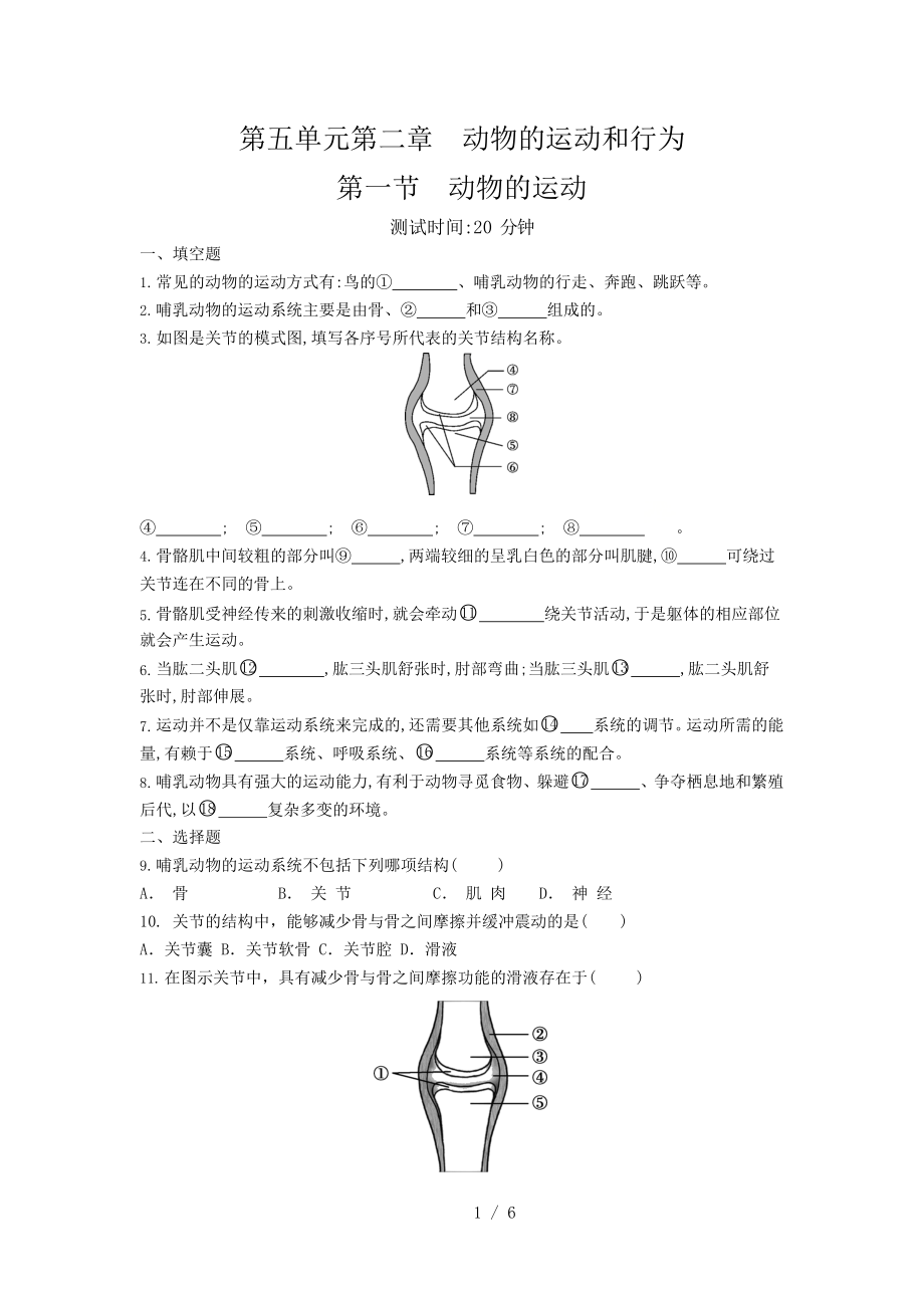 人教版生物八年级上册 5.2.1 动物的运动 同步测试题_第1页