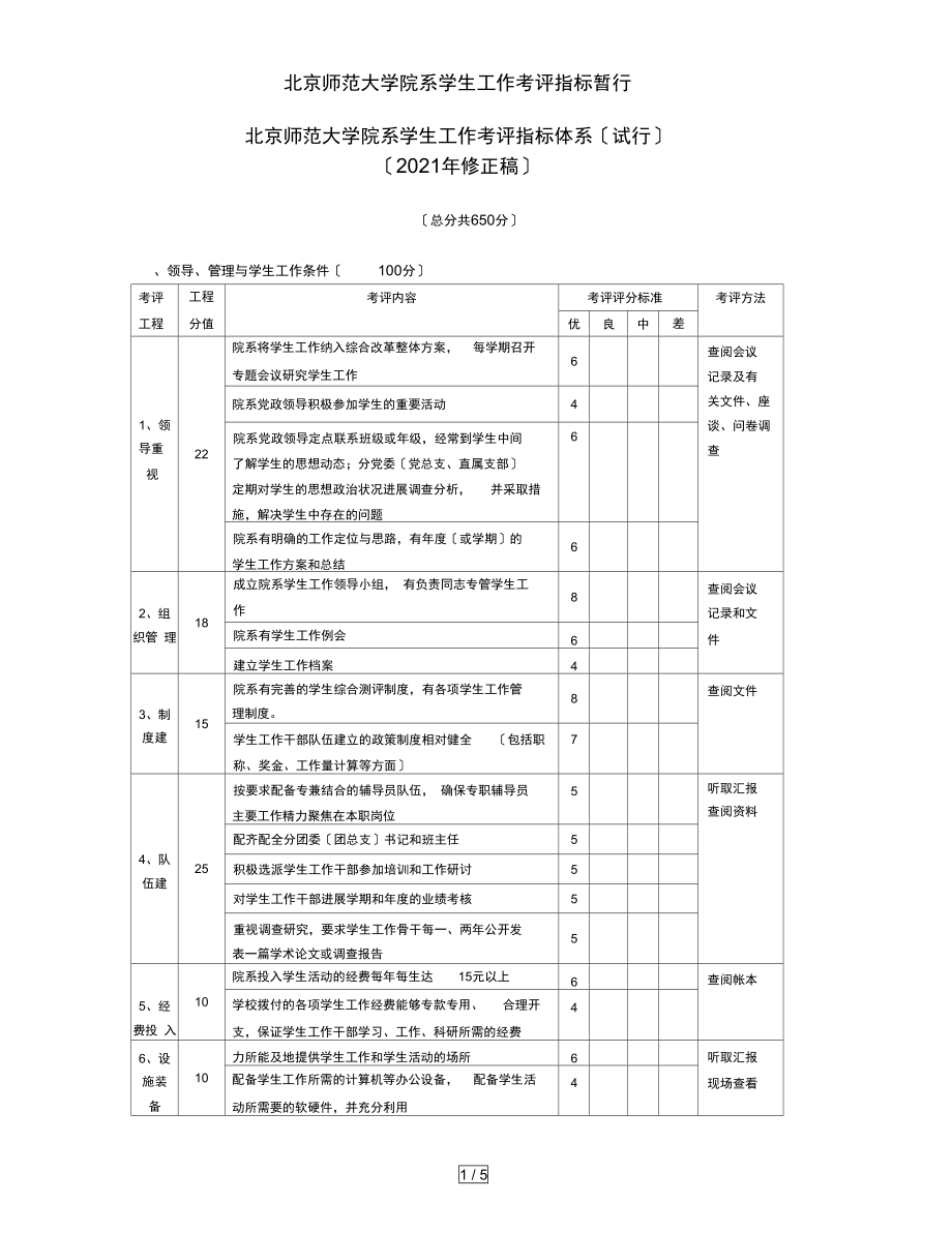 北京师范大学院系学生工作考评指标暂行_第1页