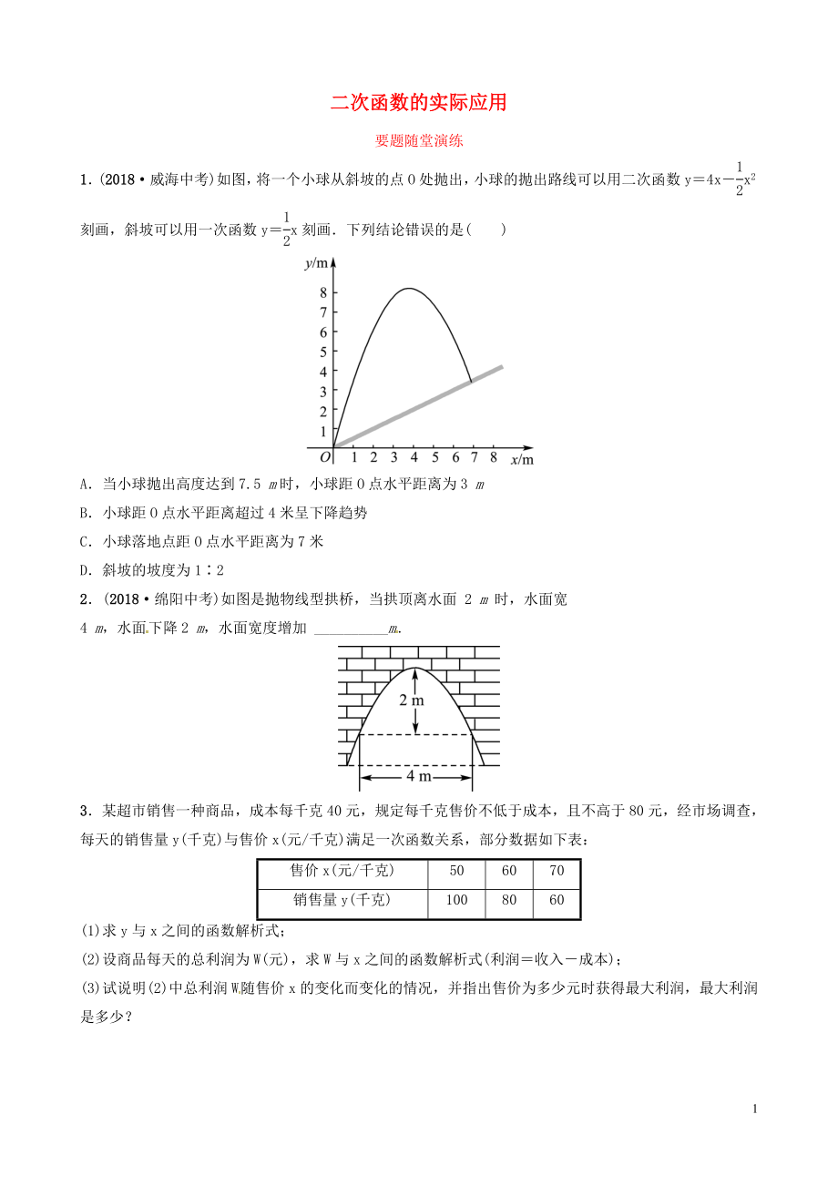 山东省滨州市2019中考数学 第三章 函数 第五节 二次函数的实际应用要题随堂演练_第1页