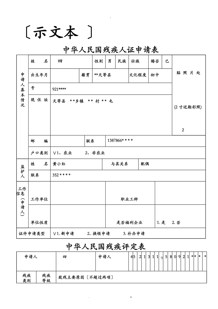 残疾人申请表模板图片