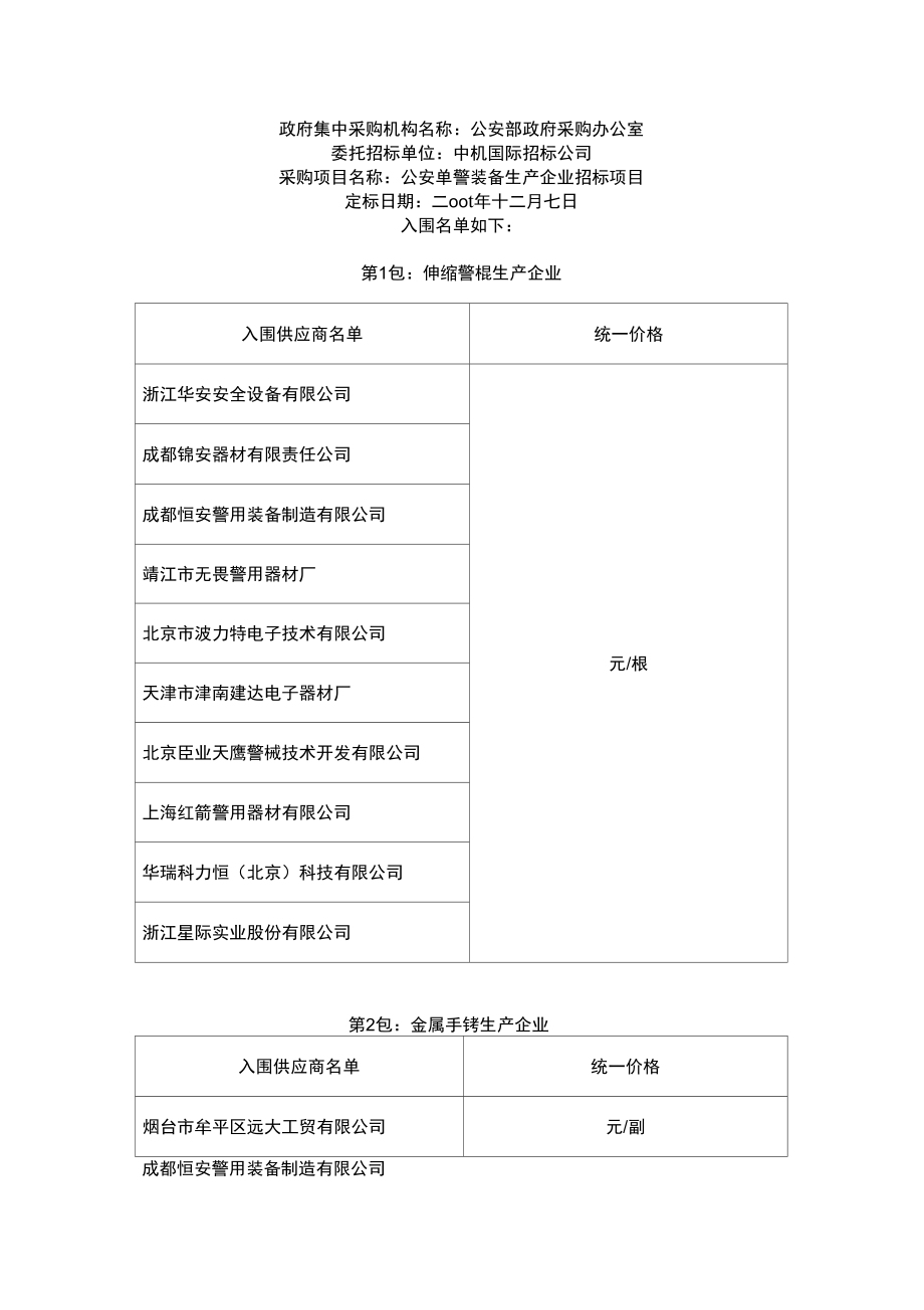 单警装备入围企业及价格_第1页