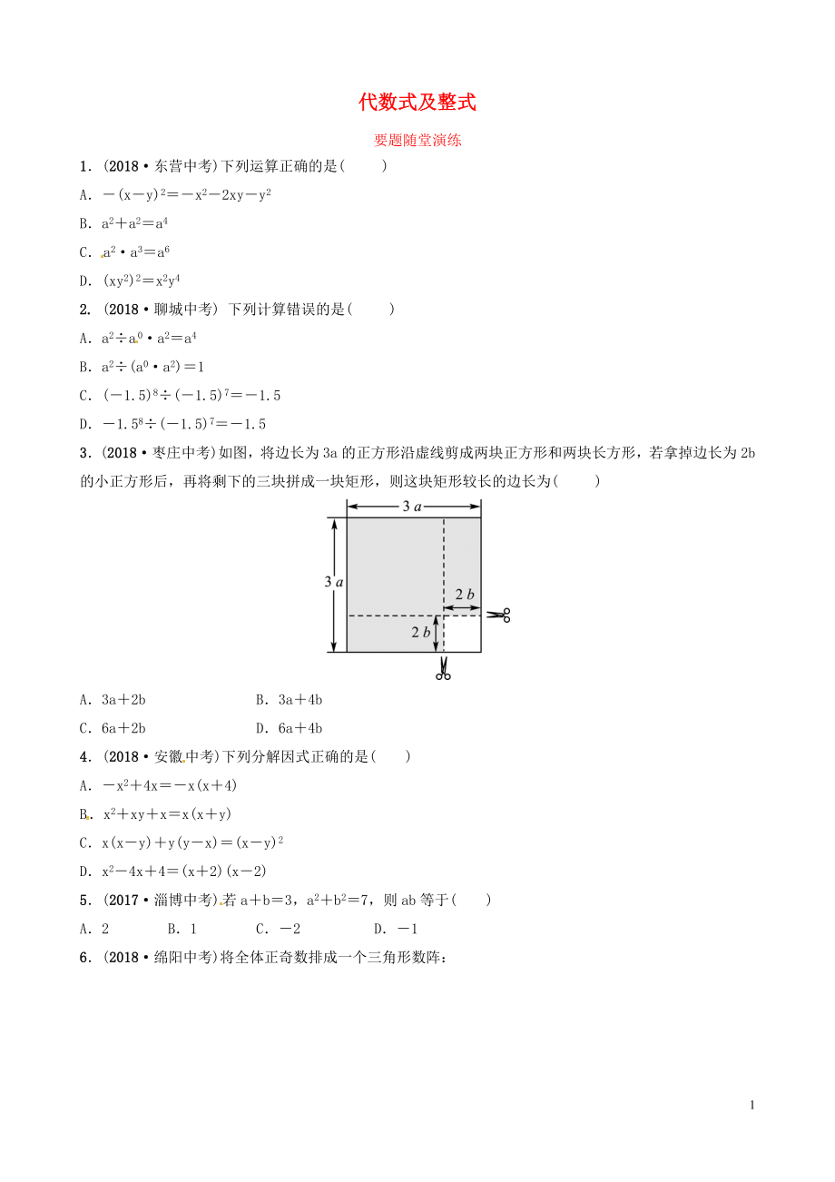 山東省濱州市2019中考數(shù)學(xué) 第一章 數(shù)與式 第二節(jié) 代數(shù)式及整式（含因式分解）要題隨堂演練_第1頁