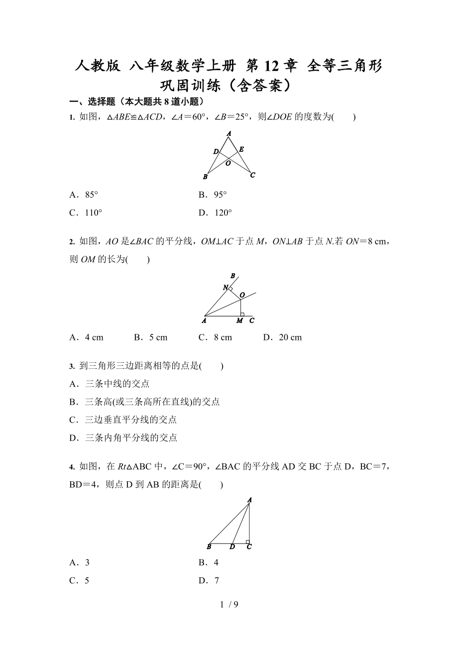 人教版 八年級(jí)數(shù)學(xué)上冊(cè) 第12章 全等三角形 鞏固訓(xùn)練_第1頁