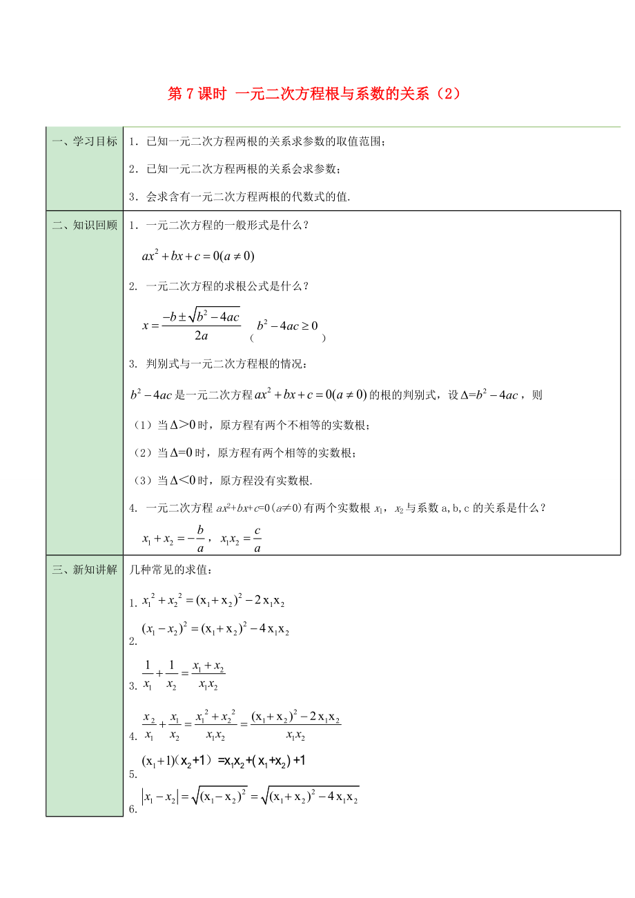 九年级数学上册第21章第7课时一元二次方程根与系数的关系2导学案新版新人教版新版新人教版初中九年级上册数学学案_第1页