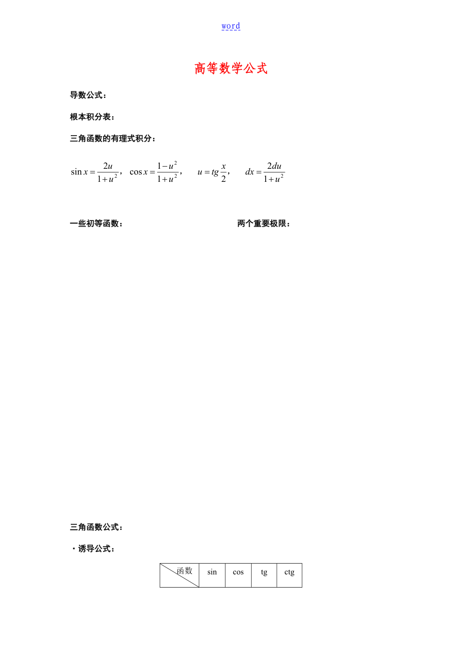 考研数学公式大全(高数、概率、线代)目前文库中全面地_第1页