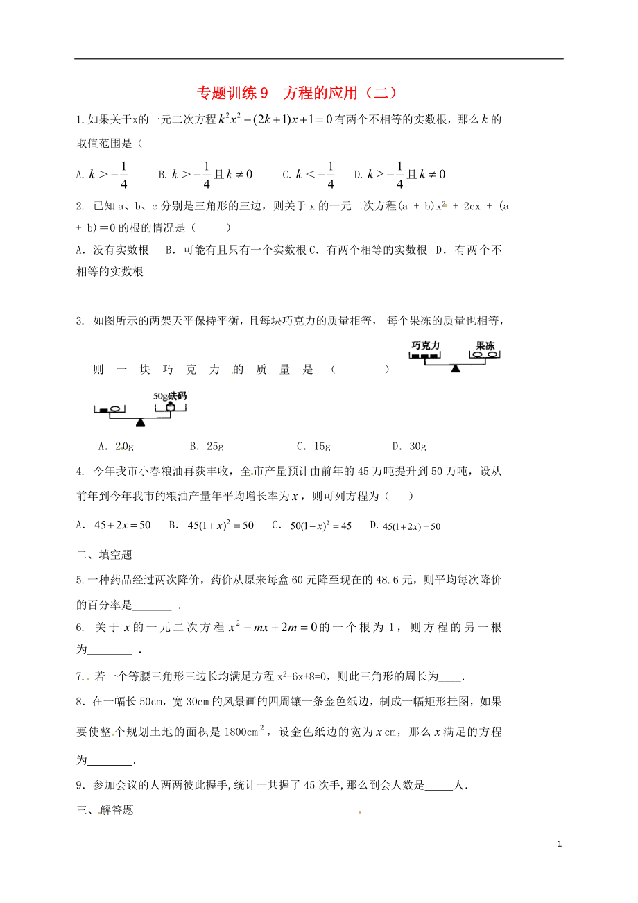 山東省龍口市蘭高鎮(zhèn)2018中考數(shù)學(xué)二輪復(fù)習(xí) 專題訓(xùn)練9 方程的應(yīng)用（二）（無(wú)答案） 魯教版_第1頁(yè)