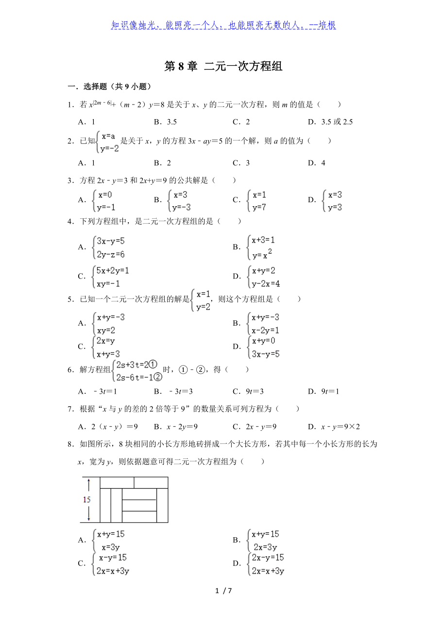 人教版七年級(jí)下學(xué)期 第8章 二元一次方程組單元復(fù)習(xí)卷_第1頁(yè)