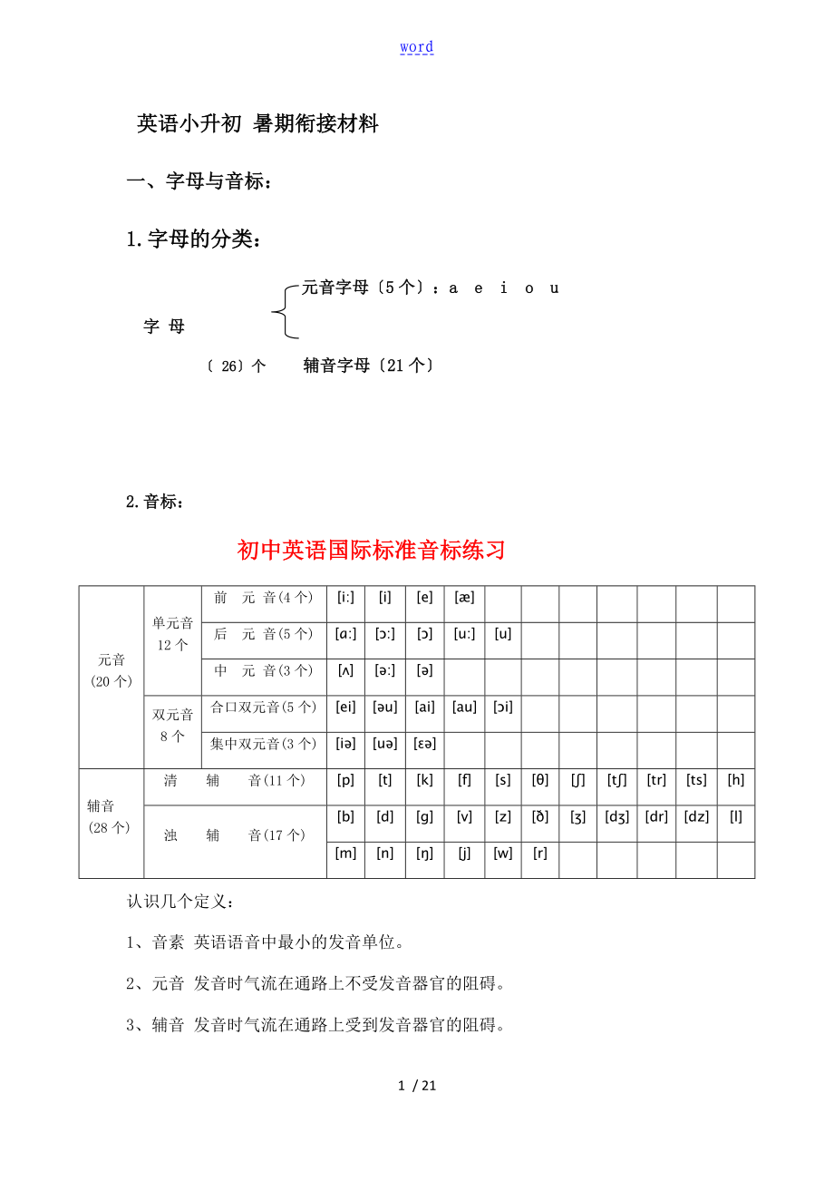 英語小升初 暑期銜接材料 (自整理)_第1頁