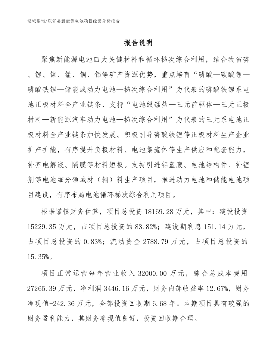 绥江县新能源电池项目经营分析报告_参考模板_第1页