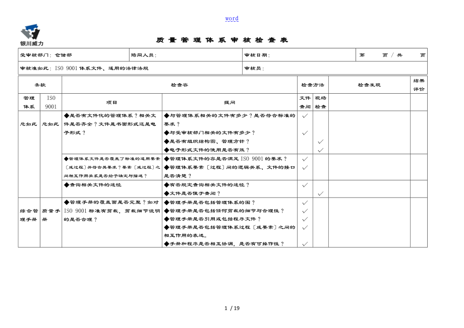 仓储部内审检查表格_第1页