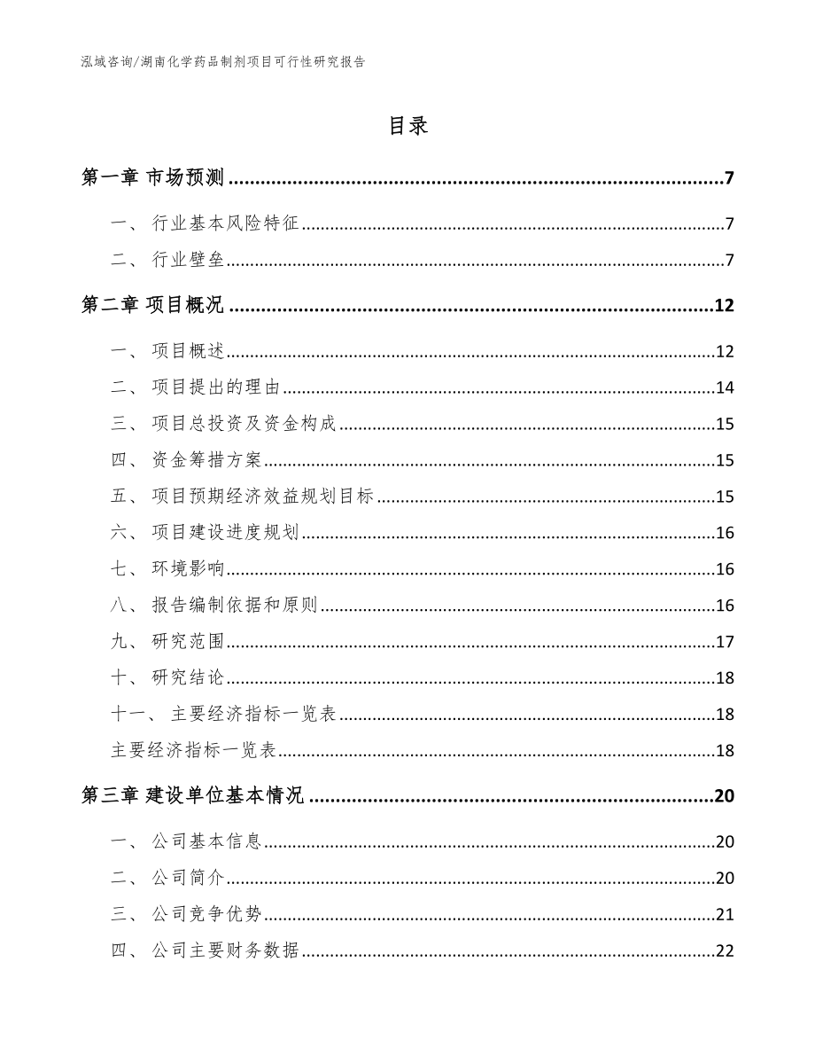 湖南化学药品制剂项目可行性研究报告_第1页