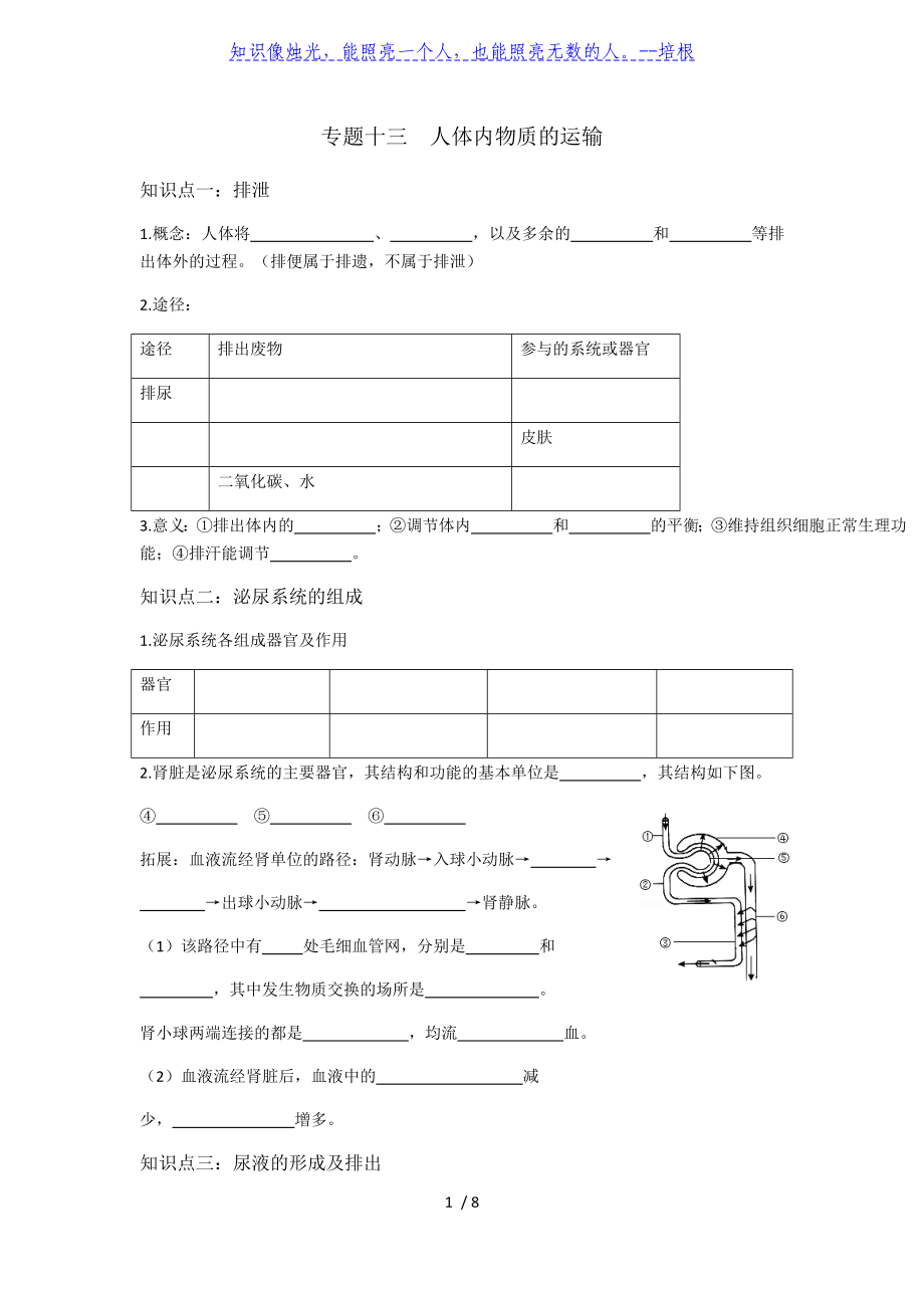 人教版七年級下冊第五章 人體內廢物的排出 導學案（無答案）_第1頁