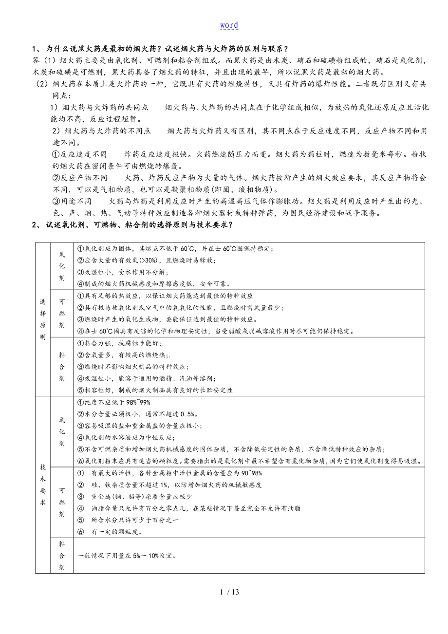 煙火學(xué)2102復(fù)習(xí)題 沈陽(yáng)理工帶問(wèn)題詳解 有些不全對(duì) 特種能源工程與煙火技術(shù)專(zhuān)業(yè) 必修課 績(jī)點(diǎn)課_第1頁(yè)