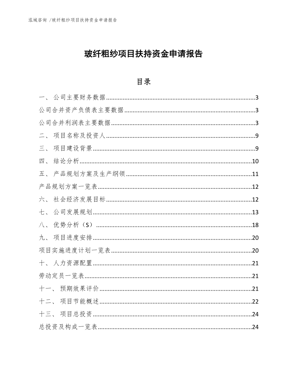 玻纤粗纱项目扶持资金申请报告【参考模板】_第1页