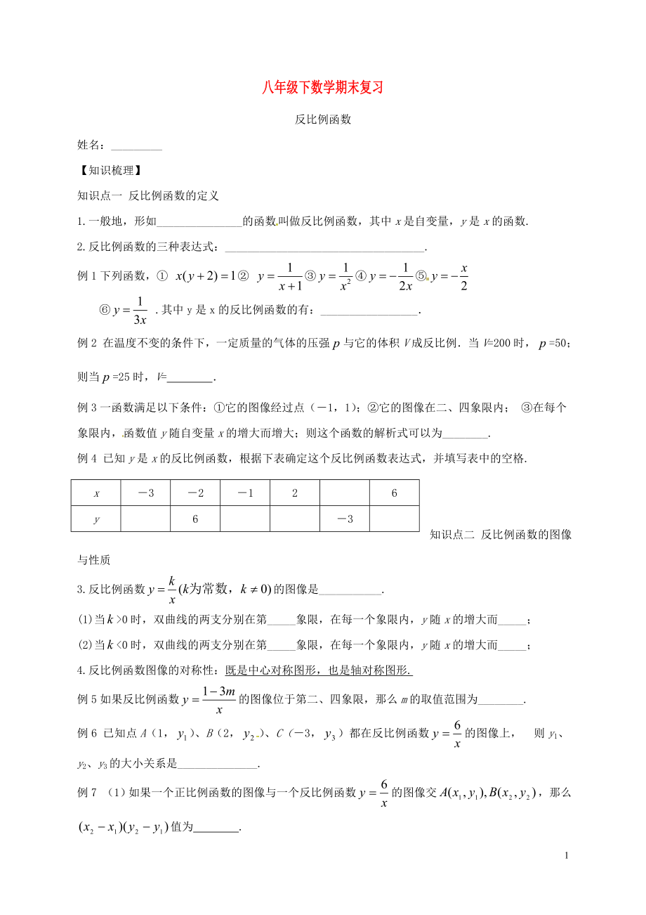 江蘇省鹽城市大豐區(qū)八年級(jí)數(shù)學(xué)下學(xué)期期末復(fù)習(xí) 反比例函數(shù)（無答案） 蘇科版_第1頁