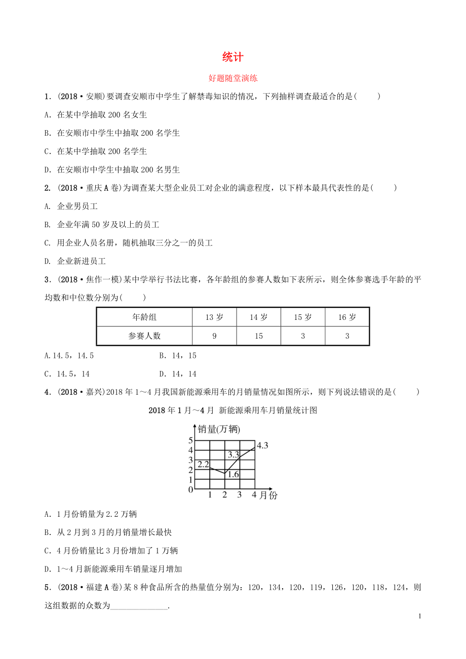 河南省2019年中考數(shù)學(xué)總復(fù)習(xí) 第八章 概率與統(tǒng)計 第一節(jié) 統(tǒng)計好題隨堂演練_第1頁