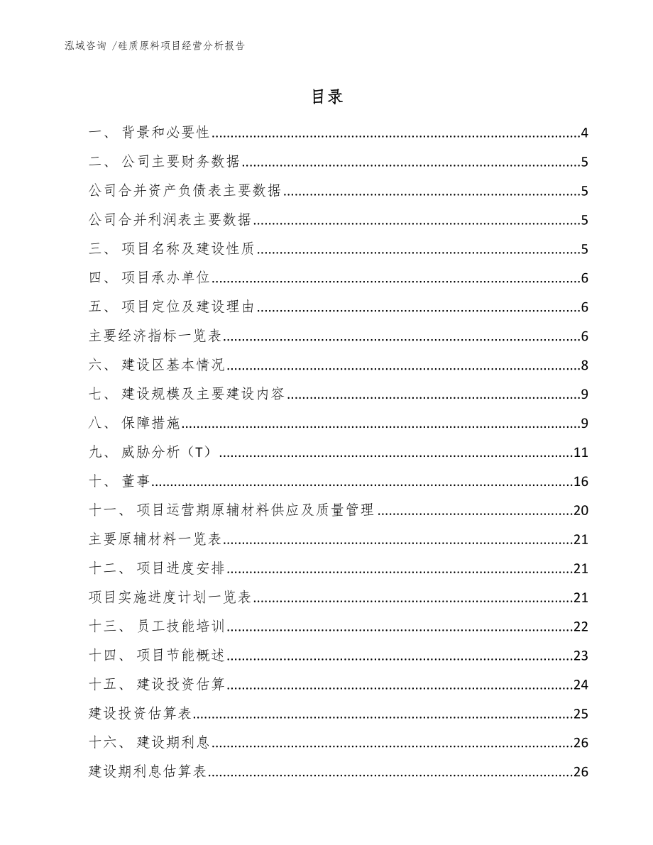 硅质原料项目经营分析报告-（模板）_第1页