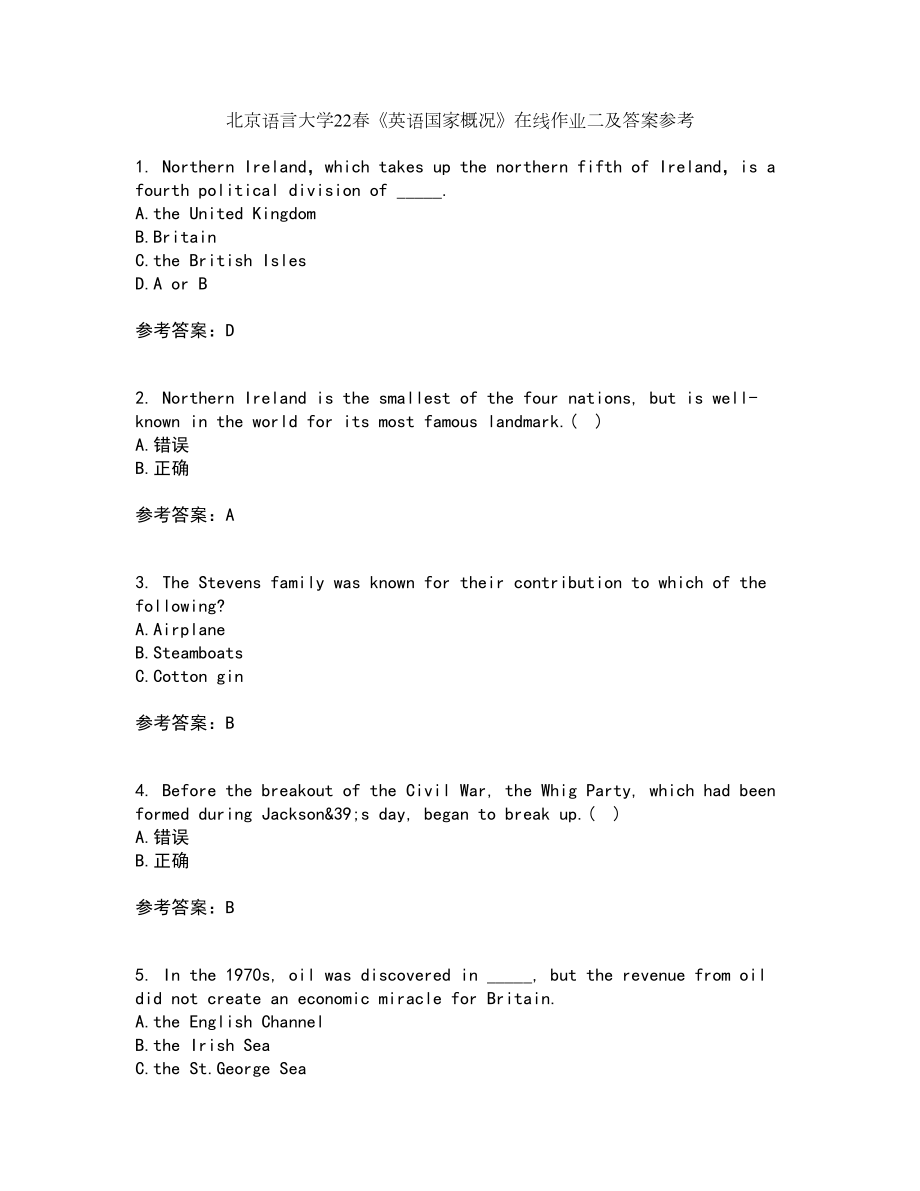北京语言大学22春《英语国家概况》在线作业二及答案参考64_第1页