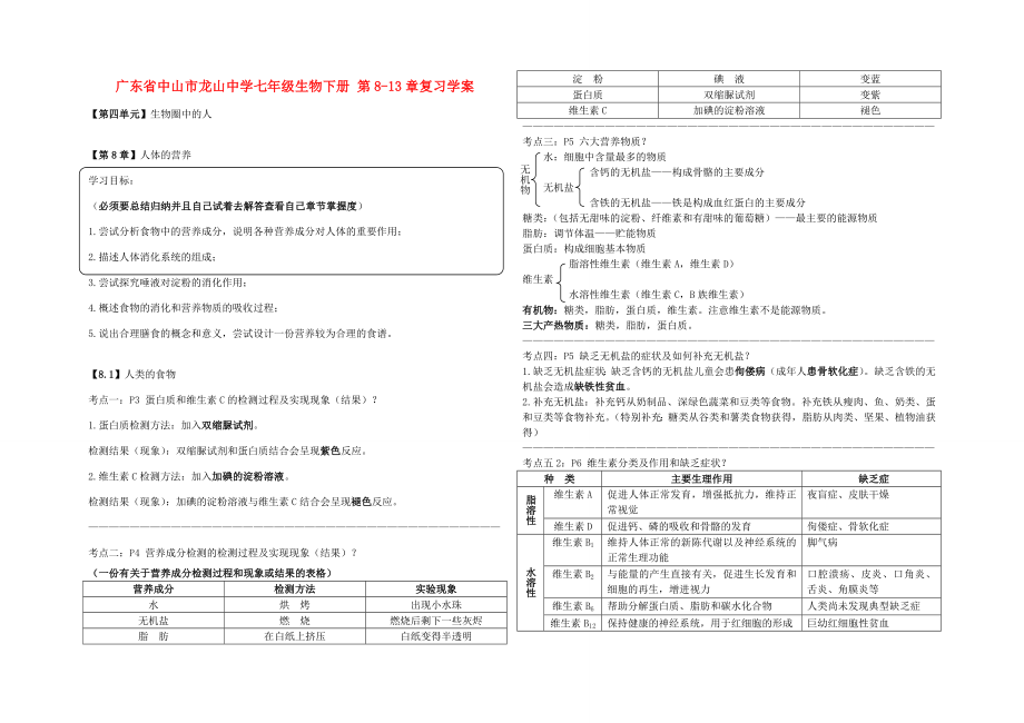 广东省中山市龙山七年级生物下册第813章复习学案北师大版_第1页