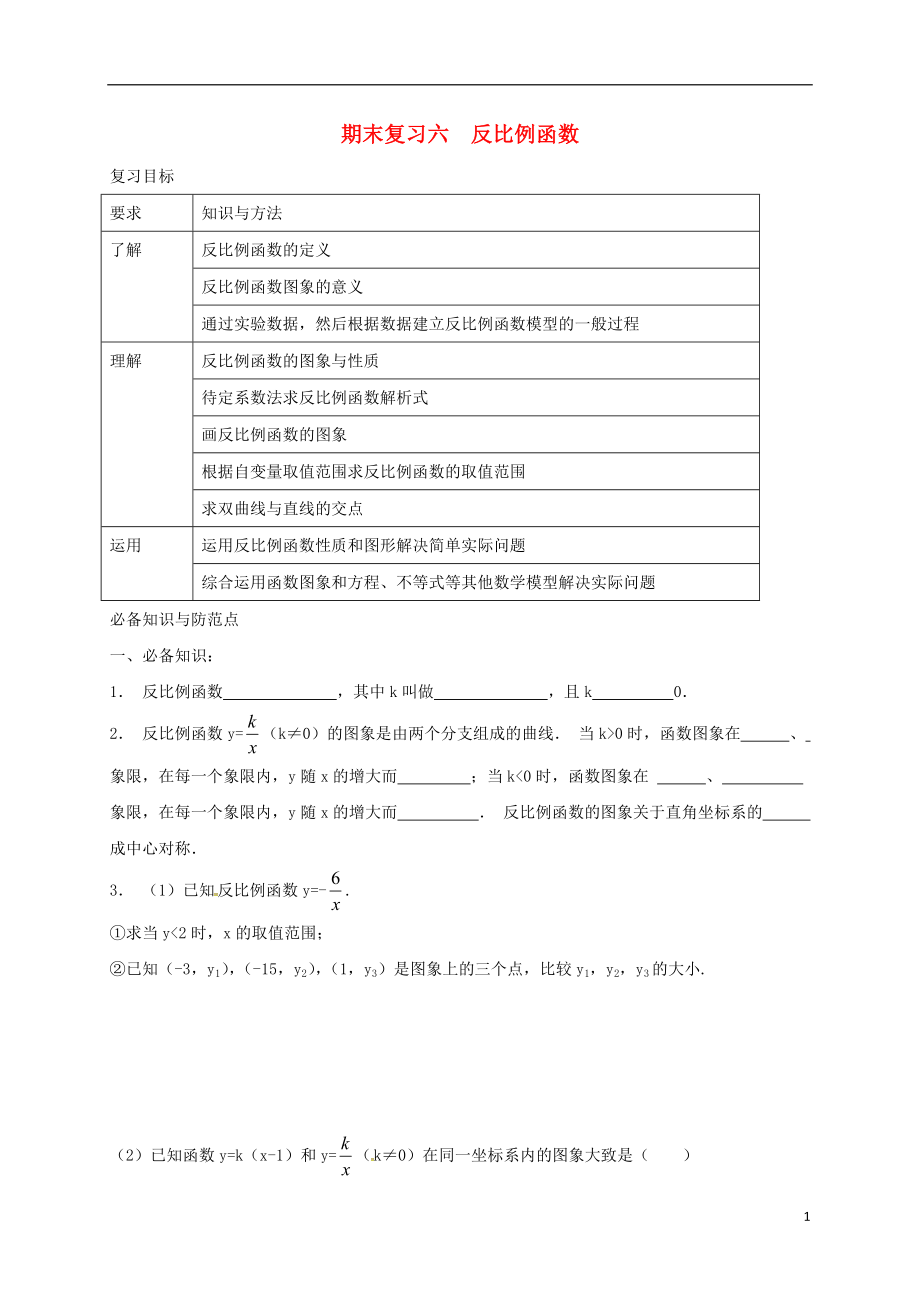 浙江省紹興縣楊汛橋鎮(zhèn)八年級數(shù)學下冊 期末復習六 反比例函數(shù)試題 （新版）浙教版_第1頁