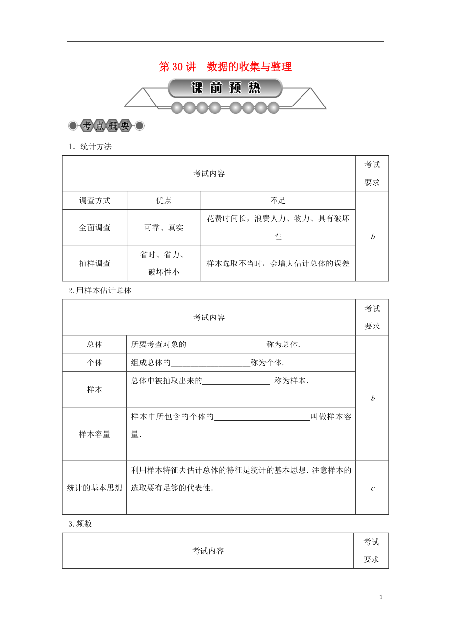 浙江省2018年中考數(shù)學(xué)總復(fù)習(xí) 第六章 統(tǒng)計(jì)與概率 第30講 數(shù)據(jù)的收集與整理講解篇_第1頁