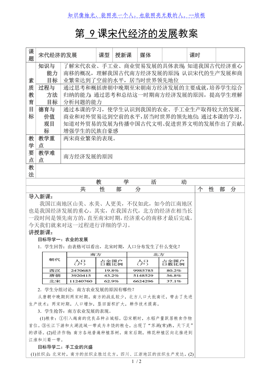 人教部編版七年級(jí)下冊(cè)第二單元第9 課 宋代經(jīng)濟(jì)的發(fā)展教案_第1頁