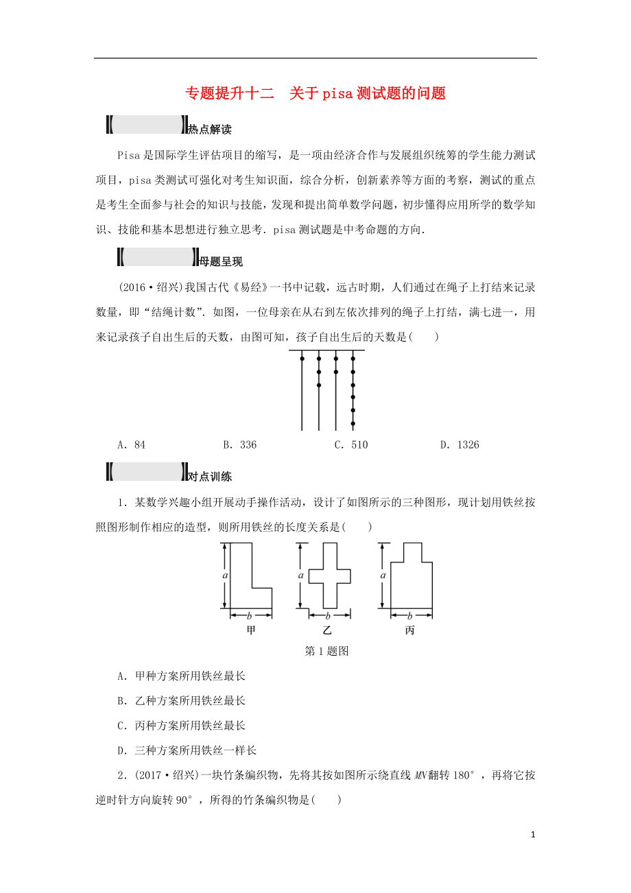 浙江省2018年中考數(shù)學(xué)總復(fù)習(xí) 專題提升十二 關(guān)于pisa測試題的問題試題_第1頁