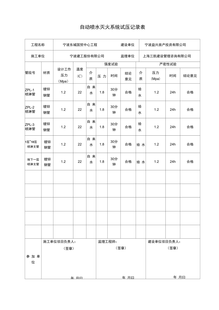 自动喷水灭火系统试压记录簿表_第1页