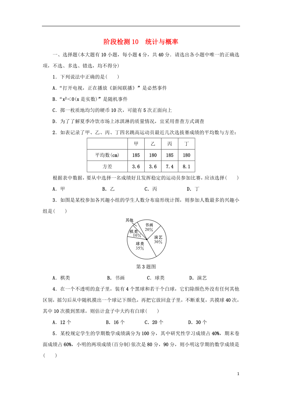 浙江省2018年中考數(shù)學(xué)總復(fù)習(xí) 階段檢測10 統(tǒng)計(jì)與概率試題_第1頁