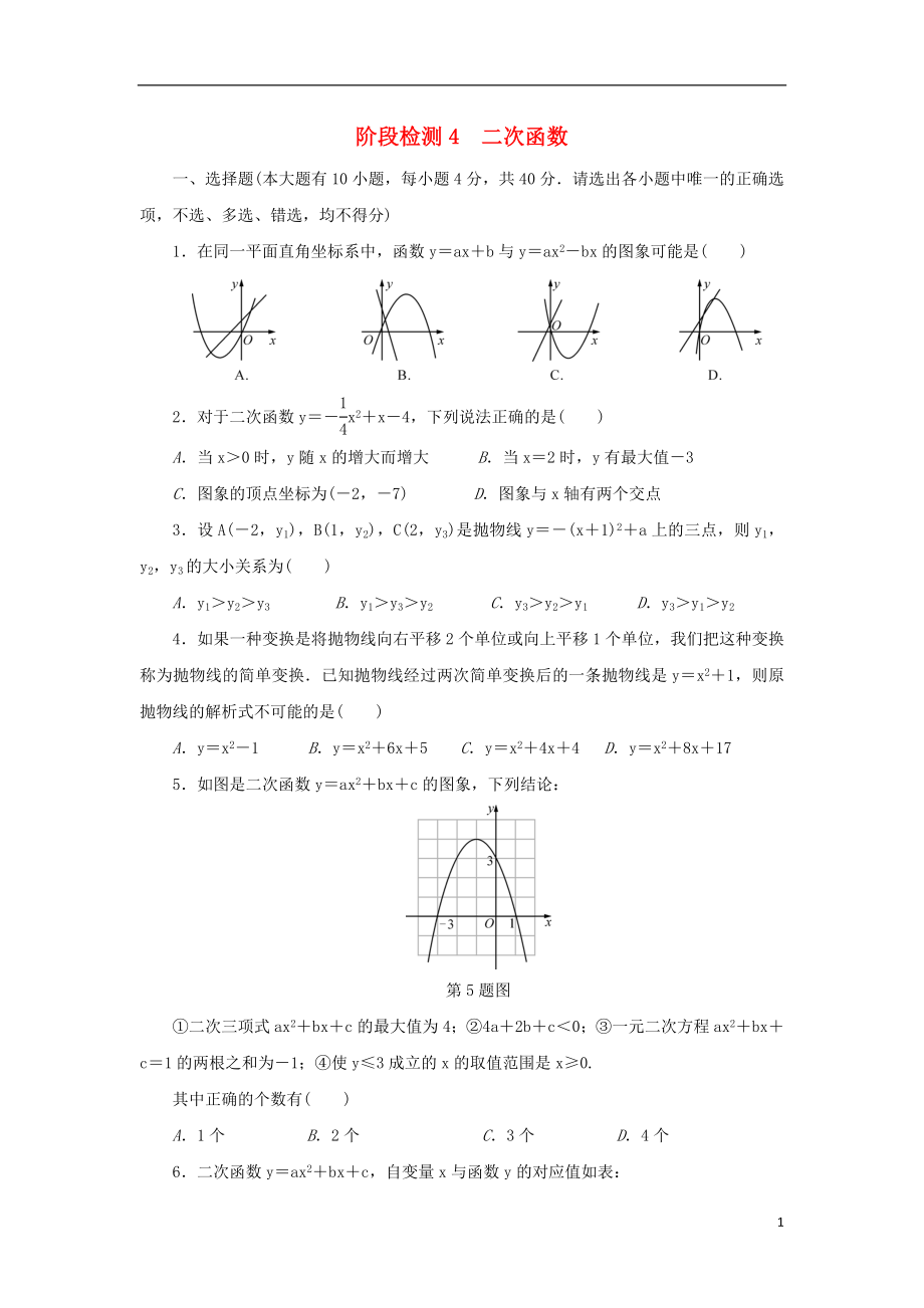 浙江省2018年中考數(shù)學(xué)總復(fù)習(xí) 階段檢測(cè)4 二次函數(shù)試題_第1頁(yè)