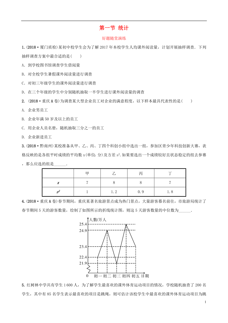 福建省2019年中考數(shù)學(xué)復(fù)習(xí) 第八章 統(tǒng)計與概率 第一節(jié) 統(tǒng)計好題隨堂演練_第1頁