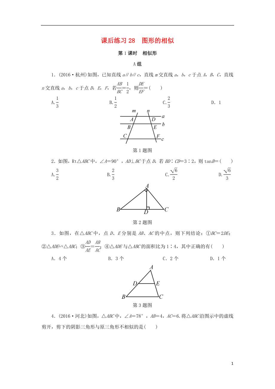 浙江省2018年中考數(shù)學總復習 第五章 基本圖形(二)課后練習28 圖形的相似 第1課時 相似形作業(yè)本_第1頁