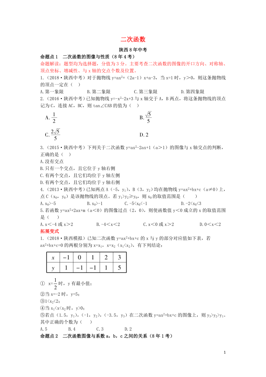 （陜西專(zhuān)用）2019版中考數(shù)學(xué)一練通 第一部分 基礎(chǔ)考點(diǎn)鞏固 第三章 函數(shù) 3.4 二次函數(shù)試題_第1頁(yè)