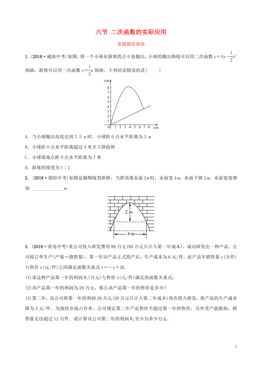 （枣庄专版）2019届中考数学总复习 第1部分 第三章 函数 第六节 二次函数的实际应用要题随堂演练_第1页