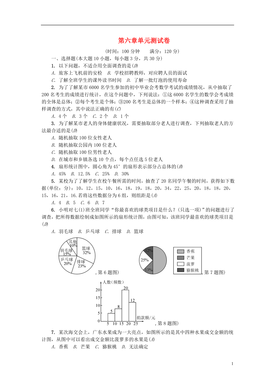 （廣東專版）2018年秋七年級(jí)數(shù)學(xué)上冊(cè) 第六章 數(shù)據(jù)的收集與整理單元測(cè)試卷 （新版）北師大版_第1頁(yè)