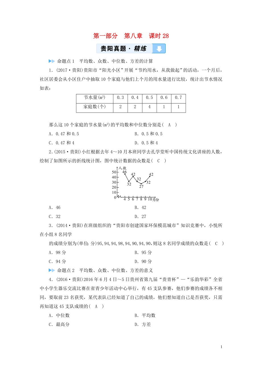 （貴陽專用）2019中考數(shù)學(xué)總復(fù)習(xí) 第1部分 教材同步復(fù)習(xí) 第八章 統(tǒng)計(jì)與概率 課時(shí)28 數(shù)據(jù)的分析真題精練_第1頁