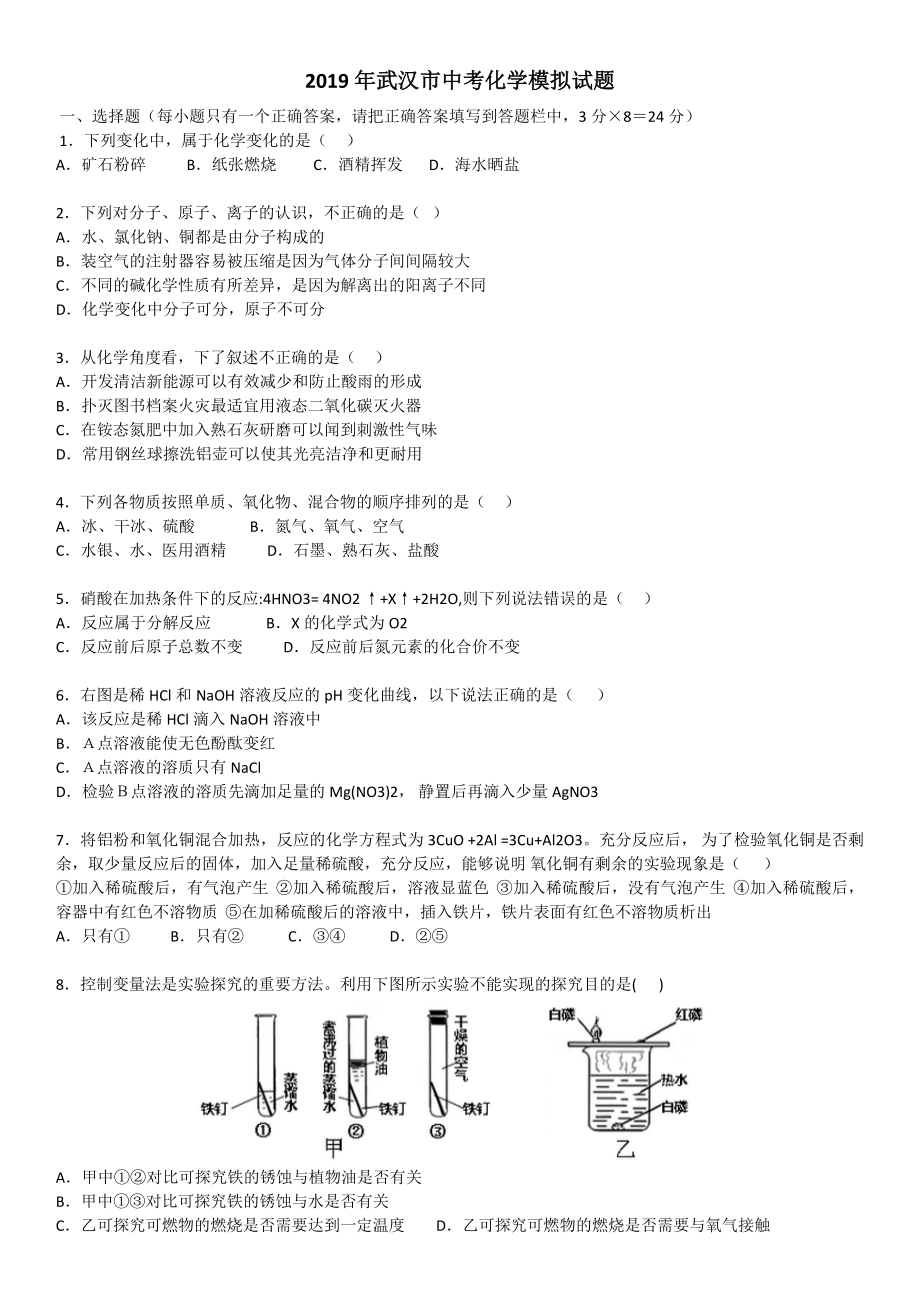 2019年武汉市中考化学模拟试题_第1页