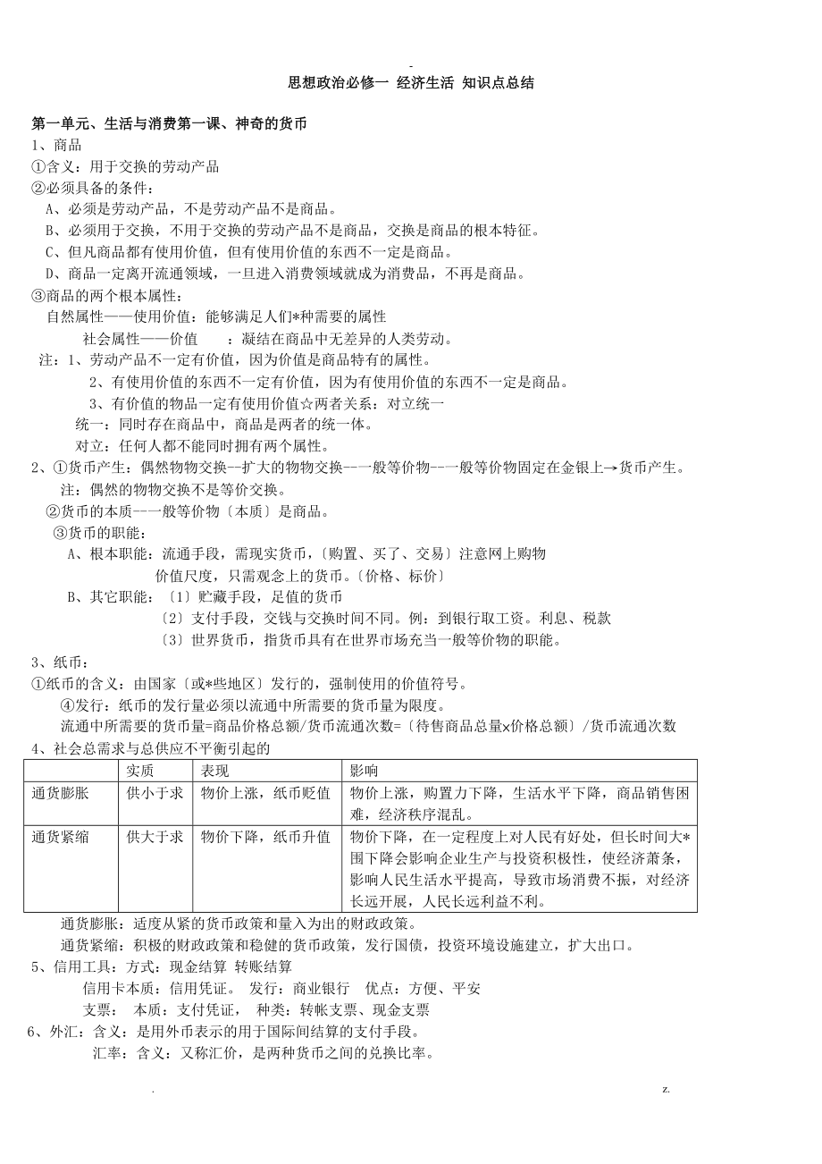 人教版必修一经济生活知识点总结_第1页