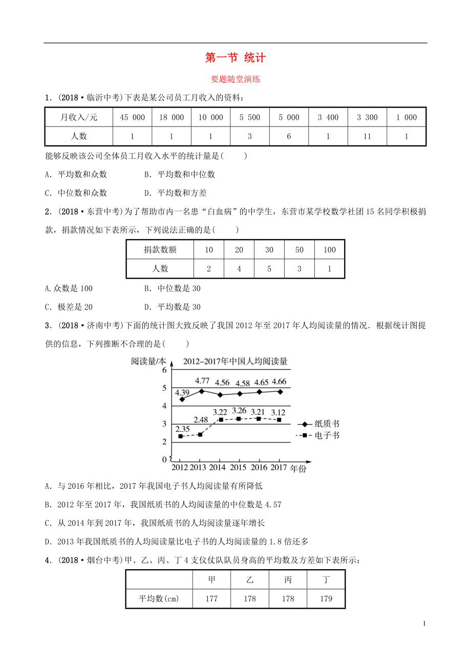 （淄博專版）2019屆中考數(shù)學(xué) 第八章 統(tǒng)計(jì)與概率 第一節(jié) 統(tǒng)計(jì)要題隨堂演練_第1頁