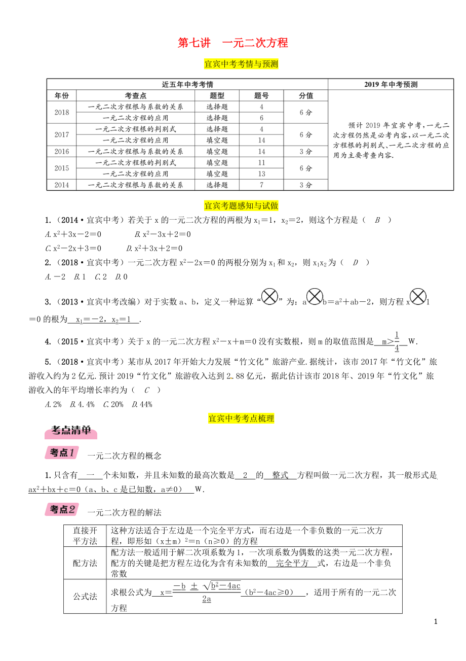 （宜宾专版）2019年中考数学总复习 第一编 教材知识梳理篇 第2章 不等式（组）与方程（组）第7讲 一元二次方程（精讲）练习_第1页