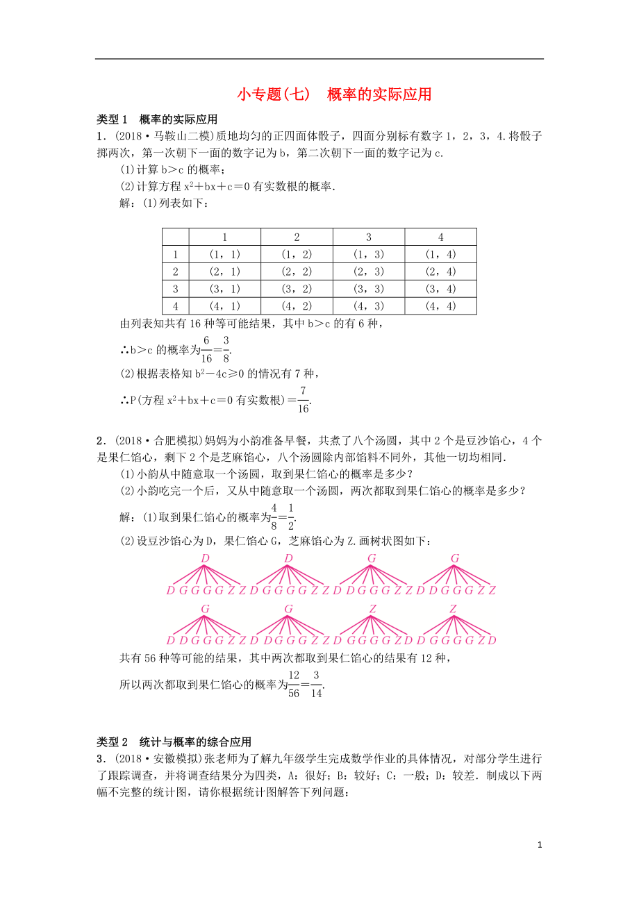 （安徽專版）2018年秋九年級數(shù)學(xué)下冊 小專題（七）概率的實(shí)際應(yīng)用習(xí)題 （新版）滬科版_第1頁