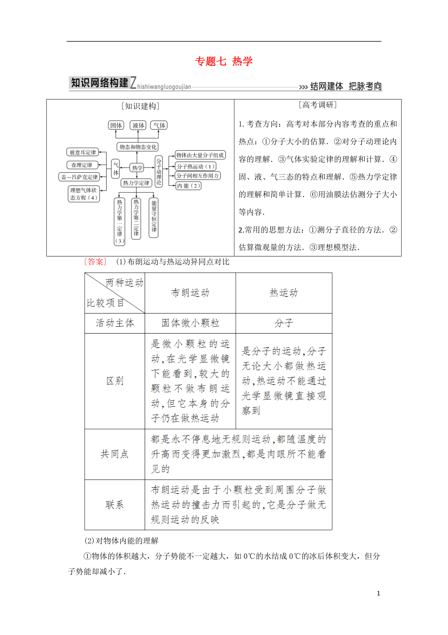 2018屆高考物理二輪復(fù)習(xí) 板塊一 專題突破復(fù)習(xí) 專題七 熱學(xué)學(xué)案_第1頁