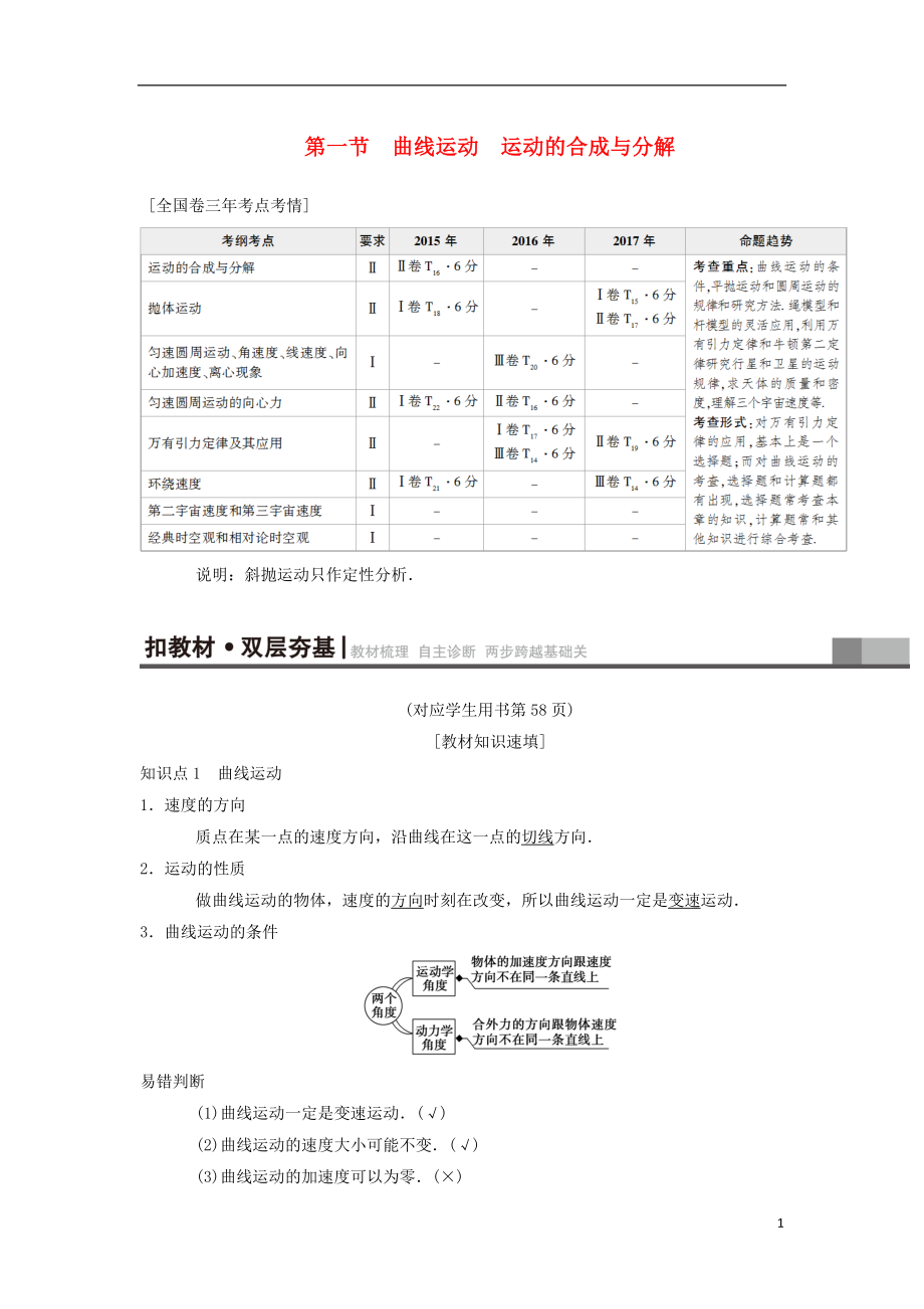 2019年高考物理一輪復習 第4章 曲線運動 萬有引力與航天 第1節(jié) 曲線運動 運動的合成與分解學案 新人教版_第1頁