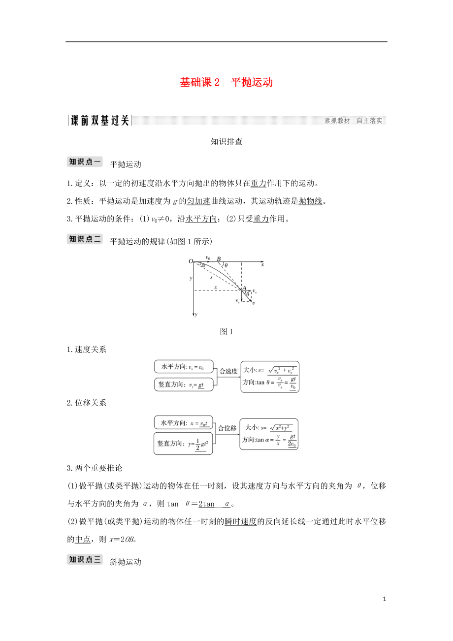 2019版高考物理總復(fù)習(xí) 第四章 曲線運(yùn)動 萬有引力與航天 基礎(chǔ)課2 平拋運(yùn)動學(xué)案_第1頁