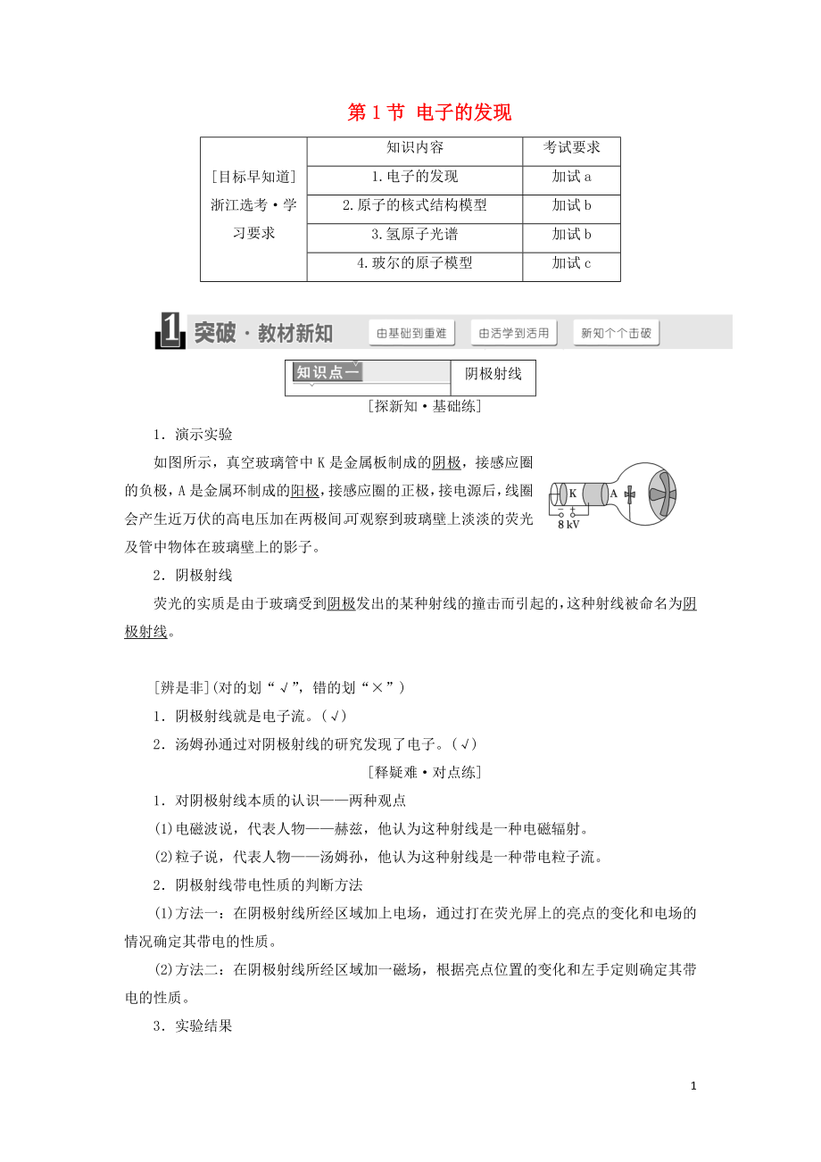 （浙江專版）2018年高中物理 第十八章 原子結(jié)構(gòu) 第1節(jié) 電子的發(fā)現(xiàn)學(xué)案 新人教版選修3-5_第1頁