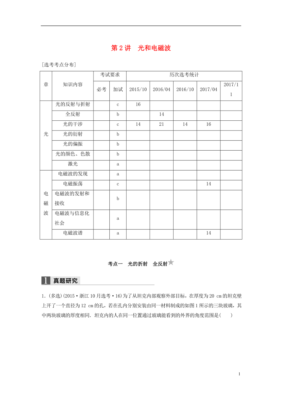 （浙江選考）2018版高考物理二輪復(fù)習(xí) 專題五 加試選擇題題型強(qiáng)化（多選題型）第2講 光和電磁波學(xué)案_第1頁